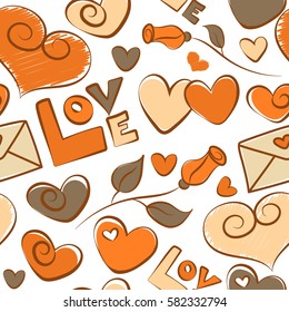Hand drawn seamless pattern. Handwritten inscriptions on a white backdrop. Valentines day seamless doodles pattern. Vector hearts, love text, flower and letter in orange, beige and brown colors.
