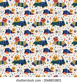 Hand Drawn Seamless pattern with happy cats family, Christmas balls and snowflakes. Pink, green, blue, yellow colours. Lite gray background. For prints, textiles, paper. Eps 10