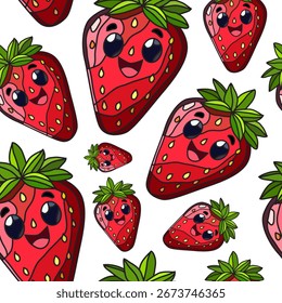 Padrão sem emenda desenhado à mão com morangos felizes, elementos de design. Padrão de frutas para convites, cartões, impressão, papel de presente, fabricação, têxtil, tecido, papéis de parede