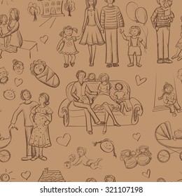 hand drawn seamless pattern with happy families. Home, children, happiness, parents, sun, love, stroller, baby