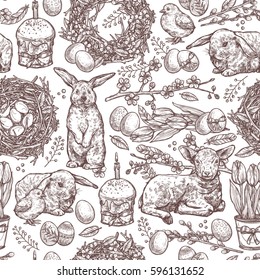 Hand Drawn Seamless Pattern Of Happy Easter Symbols And Signs. Monochrome Sketch Background