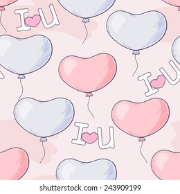Hand drawn seamless pattern with heart balloons and letters. Pastel background