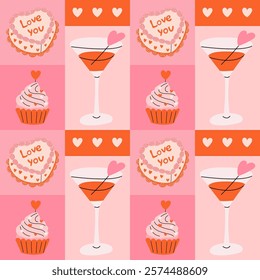 Hand drawn seamless pattern with heart shape cake, cocktail and cupcake. Valentine's day geometric ornament. Perfect for Valentines day, wedding invitation, birthday card.