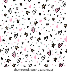 Hand drawn seamless pattern with hearts and stars