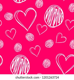 Hand drawn seamless pattern, hearts and circles, cute doodle pattern.