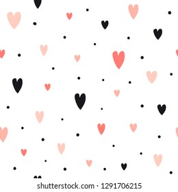 Hand drawn seamless pattern with hearts and dots. Cute romantic background for wrapping paper, Valentine day decor or wedding design. Doodle vector texture about love
