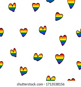 Hand drawn seamless pattern with hearts on white background. Template design, vector illustration. Love wins icons. LGBT logo symbol in rainbow flag colors. Gay pride background. Cute holiday banner. 