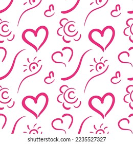 Hand drawn seamless pattern with hearts and flowers.