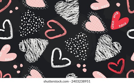Hand drawn seamless pattern with hearts white and pink colors on black background.Abstract shapes with brush effect textures.Hand lettering,rough lines,free hand dots.Vector print on fabric and paper.