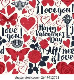 Hand drawn seamless pattern with hearts, butterflies, roses, keys, keyholes and inscriptions of love and Valentine's Day. Greeting card, invitation, wrapping paper, packaging, candy. No AI used