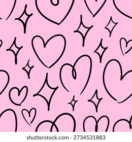 Hand drawn seamless pattern with hearts and stars. Valentine's day vector background. Y2k aesthetic doodle style