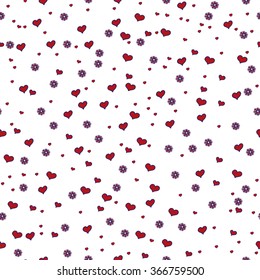 Hand drawn seamless pattern with hearts. Doodles, vector background. Color vector illustration