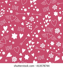 Hand drawn seamless pattern with hearts and love lettering. Cute seamless heart pattern on rose background