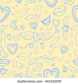 Hand drawn seamless pattern ,hearts with wings,lips, smiles ,hearts 