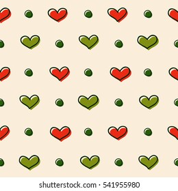 Hand drawn seamless pattern with hearts and dots. Retro colors. Can be used for wallpaper, pattern fills, web page background, fabric, surface textures, gifts, wrapping paper. scrapbooking.