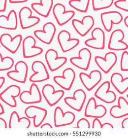 Hand drawn seamless pattern with hearts in pink on cream background.