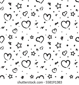 Hand drawn seamless pattern with hearts and star