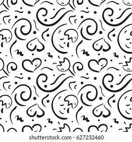 Hand drawn seamless pattern with hearts and flowers. Vector illustration.