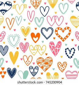 Hand drawn seamless pattern with hearts. Doodle design elements. Wedding background. Vector illustration