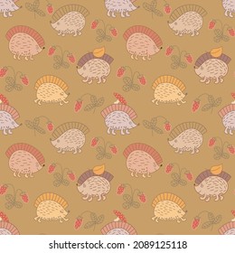 Hand drawn seamless pattern with Hedgehogs, leaves, firs, mushrooms.