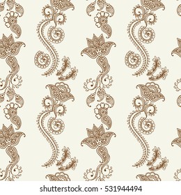 Hand drawn seamless pattern of henna flower lotus elements,yoga design.Mehendi Tattoo Doodles collection, monochrome, meditation aura.Vector illustration.