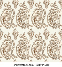 Hand drawn seamless pattern of henna flower lotus,floral paisley elements.Mehendi Tattoo Doodles collection, monochrome, meditation aura.Vector illustration.