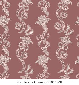Hand drawn seamless pattern of henna flower lotus elements,yoga design.Mehendi Tattoo Doodles collection, monochrome, meditation aura.Vector illustration.