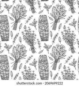 Hand drawn seamless pattern with herbal bunches. Vector illustration in sketch style