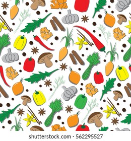 Hand Drawn Seamless Pattern with Herbs And Spices