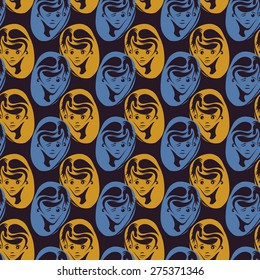 Hand drawn seamless pattern with hipster boy face. Vector line art.