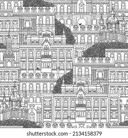 Hand drawn seamless pattern of historical Ukrainian houses and St. Andrew's church (Kyiv)