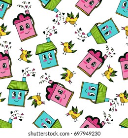 Hand drawn seamless pattern with home and birds. Vector background with cute cartoon elements. Summer or spring design for prints, posters, t-shirt