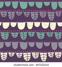 Hand drawn seamless pattern with horizontal floral elements and dots. Decorative purple ornament in vector. Abstract background can be used for textile design
