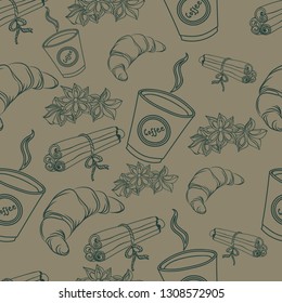 Hand drawn seamless pattern with hot cup of coffee with cinnamon and croissant. Hand drawn illustration. Sketch vector illustration