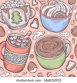 Hand drawn seamless pattern with hot drinks. Can be used for coffee shop wrapping paper, packing, hot drinks, new year drinks, textile, postcard, poster. Colorful vector illustration
