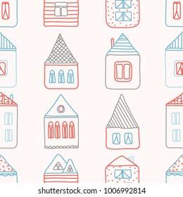 Hand drawn seamless pattern with houses. Vector doodle illustration. Simple print for wallpaper, wrapping paper, textile, surface design