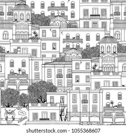 Hand drawn seamless pattern of houses in Athens, Greece