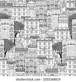 Hand drawn seamless pattern of houses in Istanbul, Turkey with the Galata tower and trees