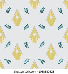 Hand drawn seamless pattern with houses and branches. Pretty background. Vector illustration. 