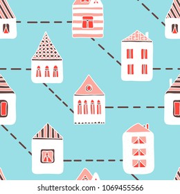 Hand drawn seamless pattern with houses. Vector illustration. Simple print for wallpaper, wrapping paper, textile, surface design