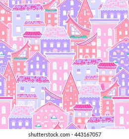 Hand drawn seamless pattern with houses, doodle house vector background, cute colorfull houses, EPS 8
