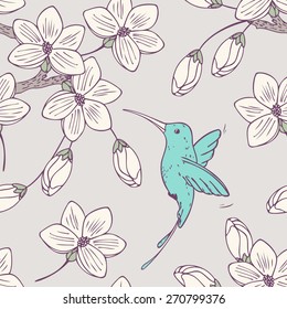 Hand drawn seamless pattern with humming bird colibri and flowers in vector. Doodle style floral illustration with hummingbird