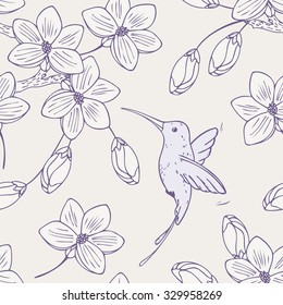 Hand drawn seamless pattern with humming bird colibri and flowers. Doodle style floral vector illustration with hummingbird