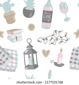 Hand drawn seamless pattern with hygge elements. Time to Hygge.