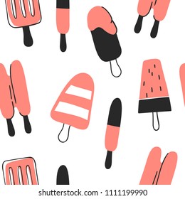 Hand drawn seamless pattern with ice cream. Vector artistic drawing food. Summer fashion illustration
