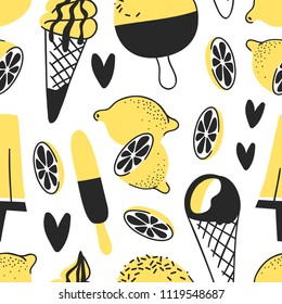 Hand drawn seamless pattern with ice cream and lemon. Vector artistic drawing food. Summer fashion illustration
