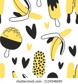 Hand drawn seamless pattern with ice cream and banana. Vector artistic drawing food. Summer fashion illustration
