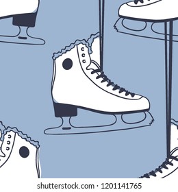 Hand drawn seamless pattern with Ice Skating Things. Winter Sport vector background. Actual fashion illustration. Original doodle style drawing. Creative ink art work
