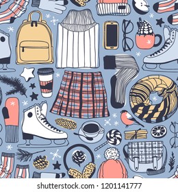 Hand drawn seamless pattern with Ice Skating Things. Winter Sport vector background. Actual fashion illustration. Original doodle style drawing. Creative ink art work