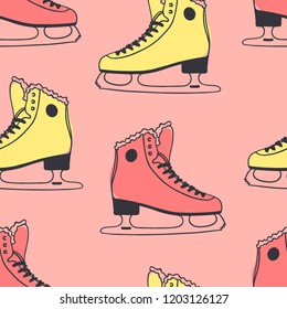 Hand drawn seamless pattern with Ice Skating Things. Winter Sport vector background. Actual fashion illustration. Original doodle style drawing. Creative ink art work